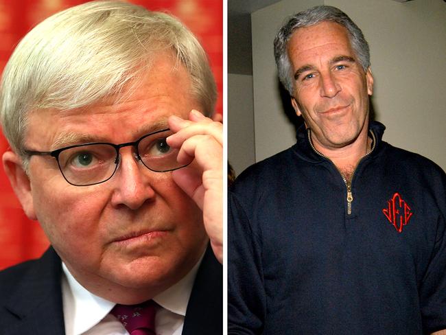 Former Prime Minister Kevin Rudd (left) and paedophile Jeffrey Epstein. Pictures: File