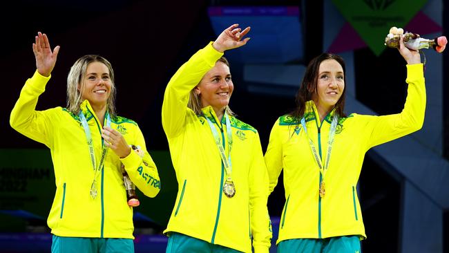 \Silver medalist, Kiah Melverton of Team Australia, Gold medalist, Ariarne Titmus of Team Australia and Bronze medalist, Lani Pallister.