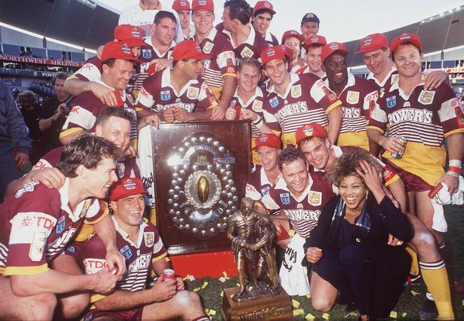 The victorious Brisbane Broncos with Tina Turner after their grand final win 1993. Picture: Colin Whelan © Action Photographics
