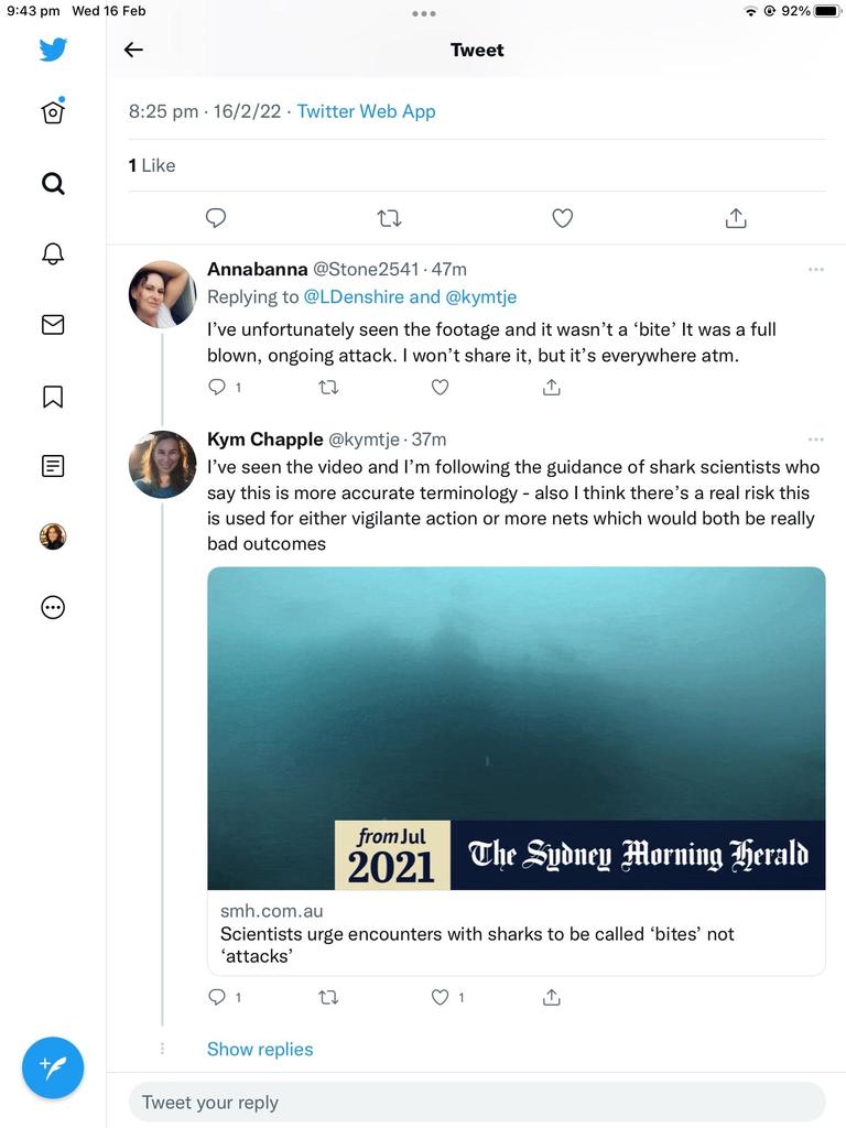 Greens Deputy Mayor of Randwick tweeting about it being just a "shark bite" not an attack , https://twitter.com/kymtje/status/1493889332536819716, ,