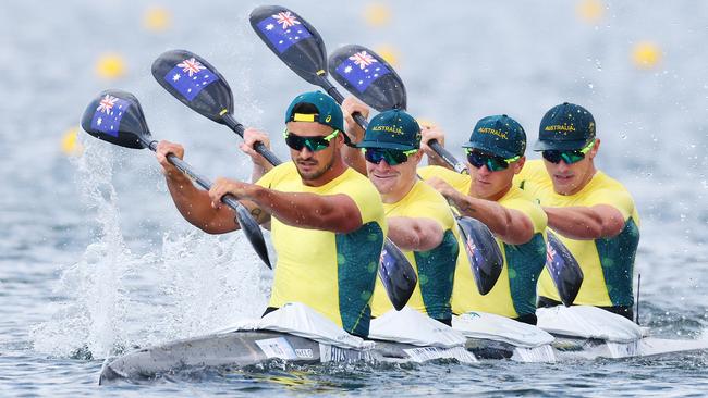 PARIS, FRANCE - AUGUST 08: Riley Fitzsimmons, Pierre van der Westhuyzen, Jackson Collins and Noah Havard of Team Australia compete during the Men's Kayak Four 500m - Semifinal 1 on day thirteen of the Olympic Games Paris 2024 at Vaires-Sur-Marne Nautical Stadium on August 08, 2024 in Paris, France. (Photo by Justin Setterfield/Getty Images)