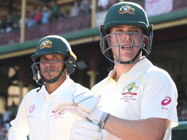 SYDNEY, AUSTRALIA - JANUARY 04: Marcus Harris of Australia and Usman Khawaja of Australia preapre to bat during day two of the Fourth Test match in the series between Australia and India at Sydney Cricket Ground on January 04, 2019 in Sydney, Australia. (Photo by Cameron Spencer/Getty Images)