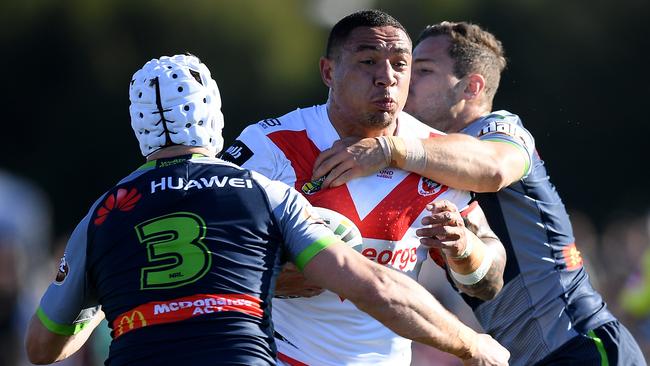 Dragons forward Tyson Frizell on the charge against the Raiders at Glen Willow Oval in Mudgee.