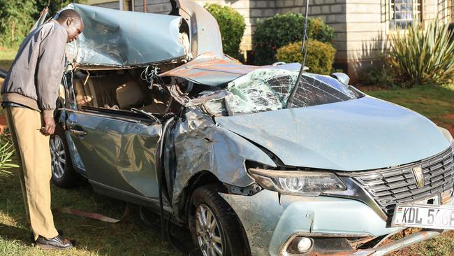 The wreckage of Kelvin Kiptum’s car. Picture: AFP