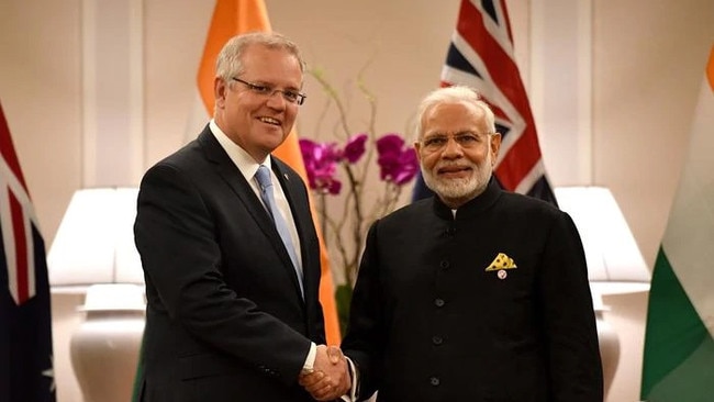 Prime Minister Scott Morrison and India's Prime Minister Narendra Modi meet for a bilateral meeting during the 2018 ASEAN Summit in Singapore.