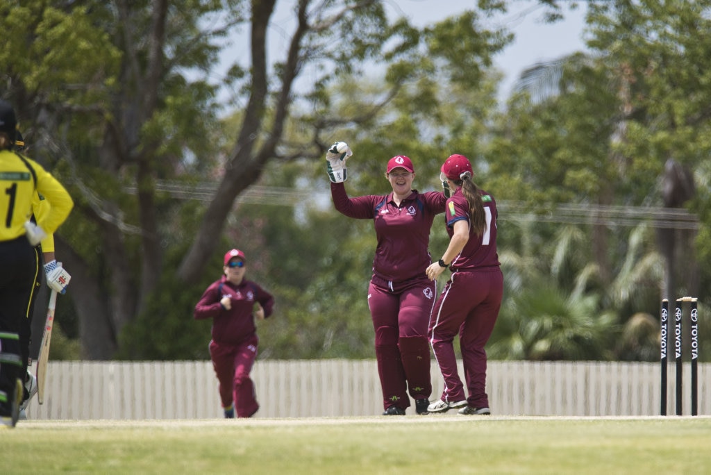 Carly Cooper (centre) of Queensland after the dismissal of Western Australia's Hannah Felton in Australian Country Cricket Championships women's division round four at Heritage Oval, Tuesday, January 7, 2020. Picture: Kevin Farmer