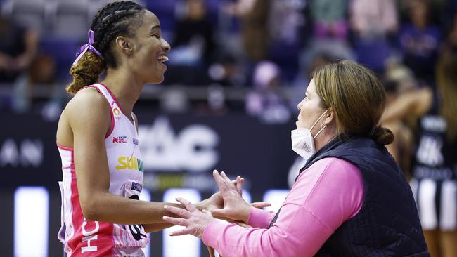 Shamera Sterling celebrates with Thunderbirds head coach Tania Obst after a Super Netball win last season. Photo: Getty Images