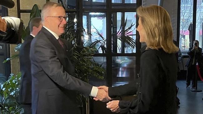 Anthony Albanese is welcomed to San Diego by ambassador Caroline Kennedy in San Diego on Sunday. Picture: US embassy in Canberra