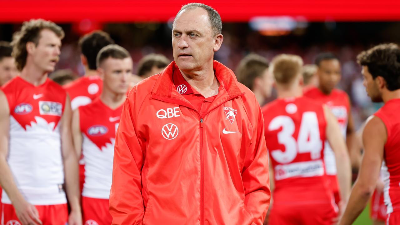 SYDNEY, AUSTRALIA - SEPTEMBER 20: John Longmire, Senior Coach of the Swans looks on before the 2024 AFL First Preliminary Final match between the Sydney Swans and the Port Adelaide Power at The Sydney Cricket Ground on September 20, 2024 in Sydney, Australia. (Photo by Dylan Burns/AFL Photos via Getty Images)