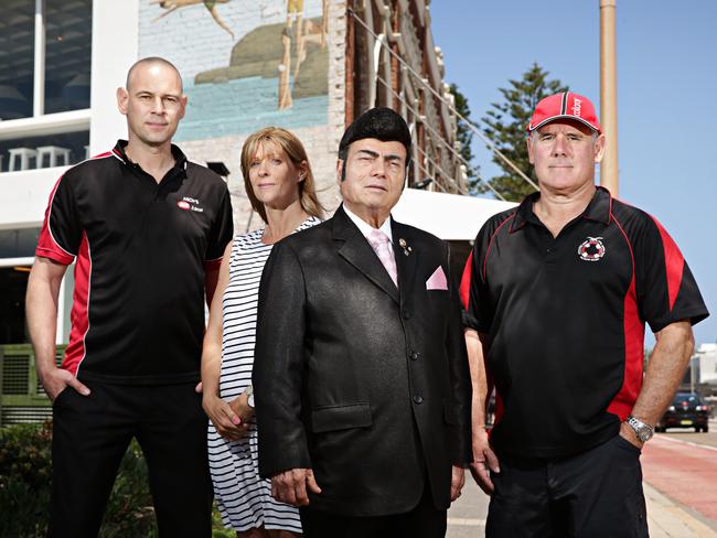 Jimmy Aschner owner Asch's IGA Xpress, resident Leah Gason, Roy Mustaca owner of Collaroy Cinema and Greg Broome President Collaroy Surf Life Saving Club oppose Pittwater Rd clearways. Picture: Adam Yip.