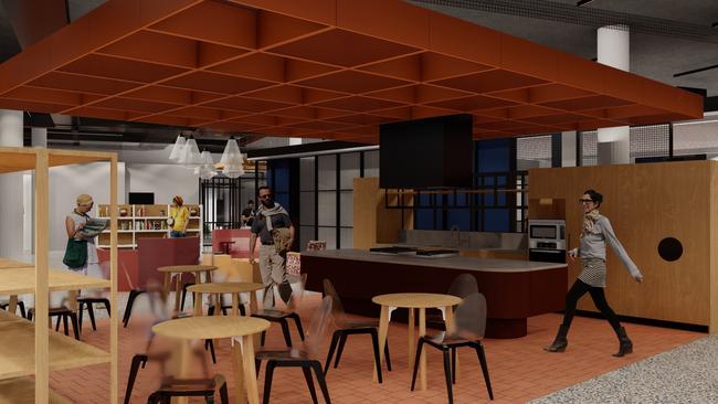 A concept picture of open kitchen in the new library being built at the former Football Park site at West Lakes. Picture: Supplied