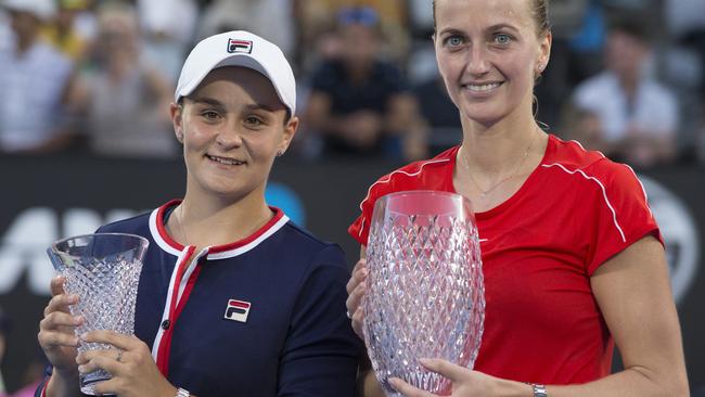 Ash Barty (left) and Petra Kvitova after the Sydney International women’s final. Picture: AAP 