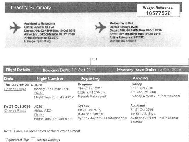 A previous flight itinerary from October 2016 that shows Shane Martin travelled to Bali via Australia without incident. His Australian visa had been cancelled at the time of the trip and he had notified the Australian Government of his itinerary.