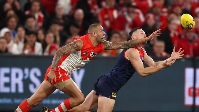 Steven May was super against Lance Franklin last week and will have another big role to play against Brisbane. Picture: Michael Klein