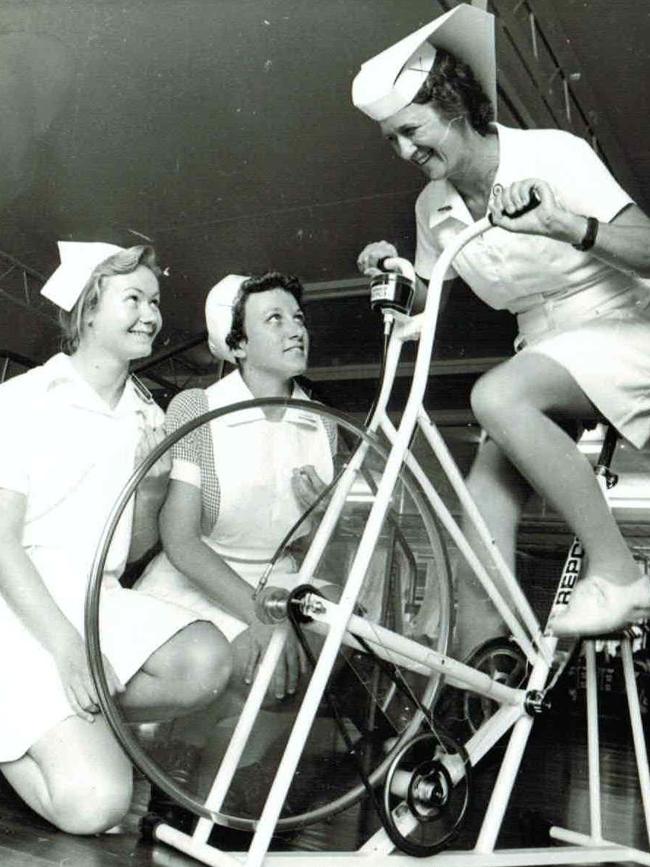 St Vincents Hospital Lismore nurses on a rehab bike in the 1970s.