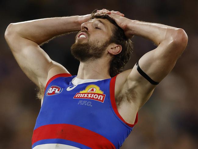 NCA. MELBOURNE, AUSTRALIA. September 4 , 2024. AFL Elimination final. Western Bulldogs vs Hawthorn at the MCG.  Bulldog Marcus Bontempelli reacts after his shot at goal was touched 4th qtr    . Pic: Michael Klein