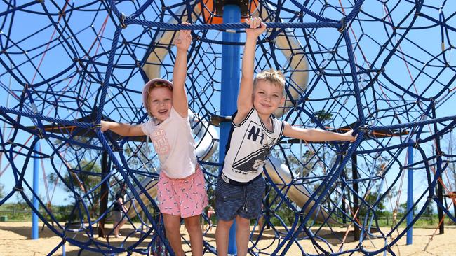 Cousins Sienna Adermann and Xander Welldon, both 5, from Hervey Bay at the new adventure playground at Pialba.