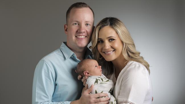 Kendall Gilding with new baby Olive Joy — born 23 Aug. — and dad/hubby Tim Morgan. Pic Mark Cranitch.