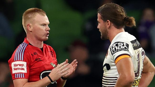 Pat Carrigan was furious with the decision after the bunker stepped in and told the referee to send him to the sin bin. Picture: Robert Cianflone / Getty Images