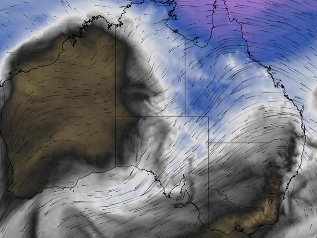 Model depicting northeasterly wind carrying moisture-laden air from Australia's northeast tropics towards South Australia. Picture: Weatherzone