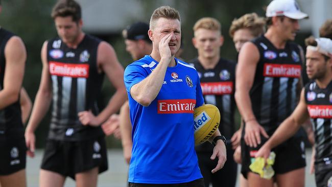 Nathan Buckley at Collingwood training ahead of the Magpies’ match against Brisbane. Picture: Wayne Ludbey