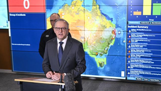 Prime Minister Anthony Albanese and National Emergency Management Agency Deputy Coordinator-General, Joe Buffone hold a media briefing in the National Situation Room (NEMA) in Canberra. Picture: NewsWire / Martin Ollman