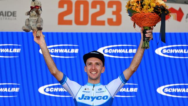 Simon Yates of United Kingdom and Team Jayco – Alula celebrates on the podium as stage winner during the 23rd Santos Tour Down Under 2023. Photo by Tim de Waele/Getty Images