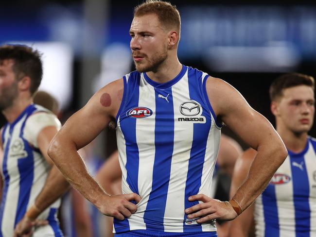 MELBOURNE, AUSTRALIA - July 16. AFL.    Ben McKay of the Kangaroos  after the round 18 AFL match between North Melbourne and Hawthorn at Marvel Stadium, on July 16, 2023, in  Melbourne, Australia. Photo by Michael Klein.