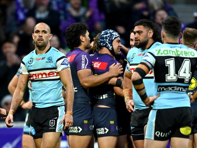 MELBOURNE, AUSTRALIA - SEPTEMBER 14:  William Kennedy of the Sharks looks on after a Storm try during the NRL Qualifying Final match between Melbourne Storm and Cronulla Sharks at AAMI Park on September 14, 2024 in Melbourne, Australia. (Photo by Quinn Rooney/Getty Images)