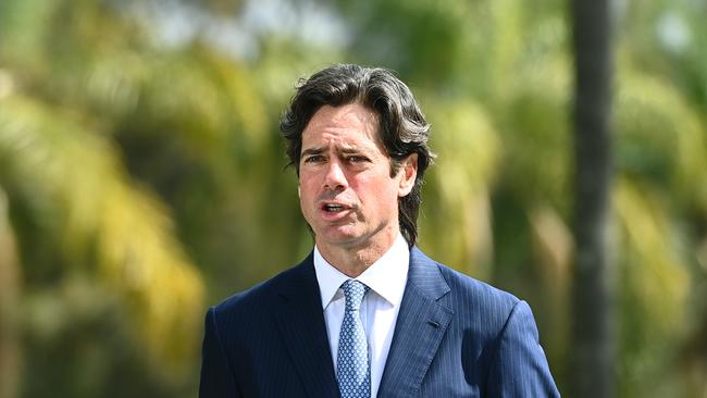 AFL Chief Executive Gillon McLachlan speaks during a press conference announcing to media from the Queensland Quarantine Hub that the 2020 AFL Grand Final will be played at the Gabba. Picture: Quinn Rooney/Getty Images