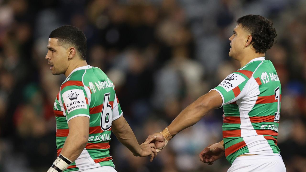 NEWCASTLE, AUSTRALIA - JULY 08: Cody Walker of the Rabbitohs celebrates his try with Latrell Mitchell during the round 17 NRL match between the Newcastle Knights and the South Sydney Rabbitohs at McDonald Jones Stadium, on July 08, 2022, in Newcastle, Australia. (Photo by Ashley Feder/Getty Images)