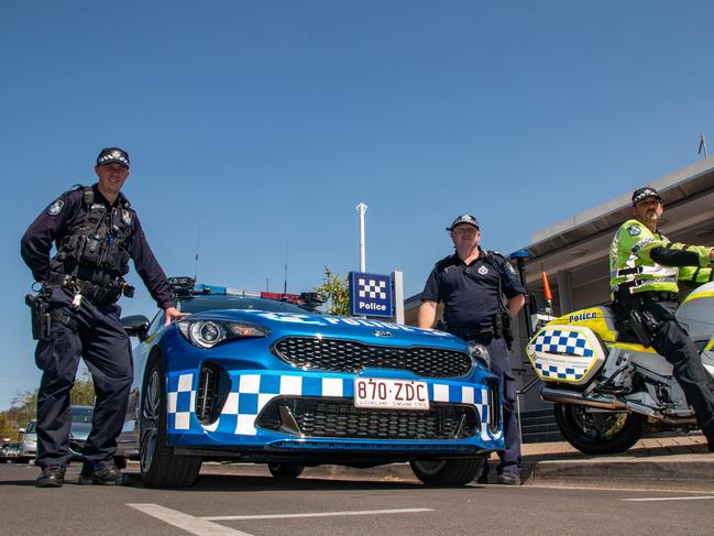 Road Policing Command officers stationed at Laidley Police Station Constable Benjamin George, Acting Sergeant Warren Huggins and Senior Constable David Palmer. Picture: Dominic Elsome