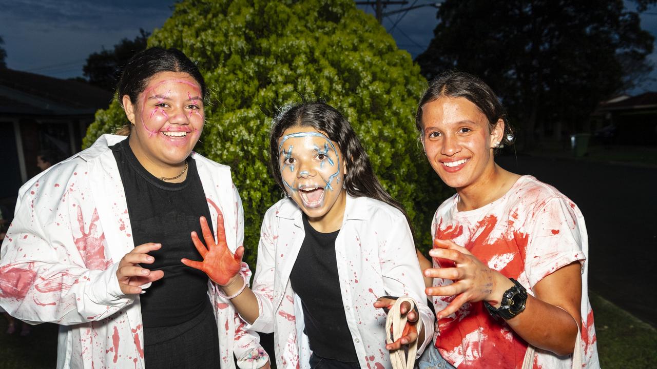 Getting into the spirit of Halloween are (from left) Tatiarna Durkovic, Makaylah Atherton and Lisa Atherton, Monday, October 31, 2022. Picture: Kevin Farmer