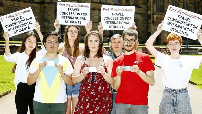 International students, L-R front, Christa Jessica from Indonesia, Brittany Lloyd from the U.S.A. and Daniele Fulvi from Italy, and back, Christina Kim, Sinead Morgan, Rachel Evans and Bronte Scott at Sydney University. Picture: John Appleyard