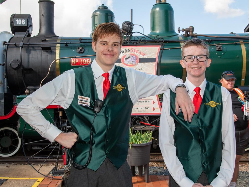 Volunteers, Clancy Davies (left) and Hayden Gooderham prepare to greet the passengers on the "Pride of Toowoomba" at Drayton Station. Saturday May 18th, 2024 Picture: Bev Lacey