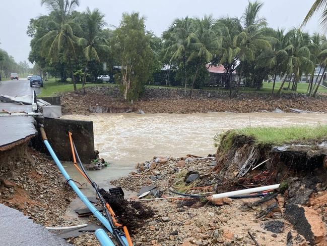 The road near the boat ramp at Hinchinbrook Harbour has crumbled in the North Queensland flooding. Photo from Matt Price via Facebook