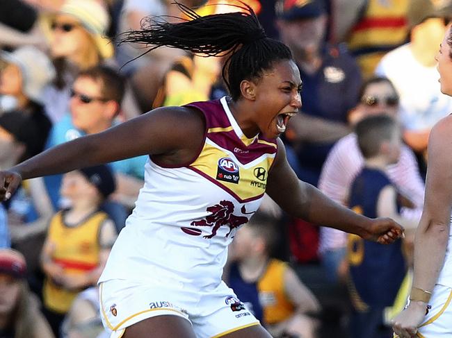 AFLW - Adelaide Crows v Brisbane Lions at Coopers Stadium (Norwood Oval) Sabrina Frederick-Traub celebrates Jess Wuetschneer's goal while Talia Radan walks back. Picture Sarah Reed