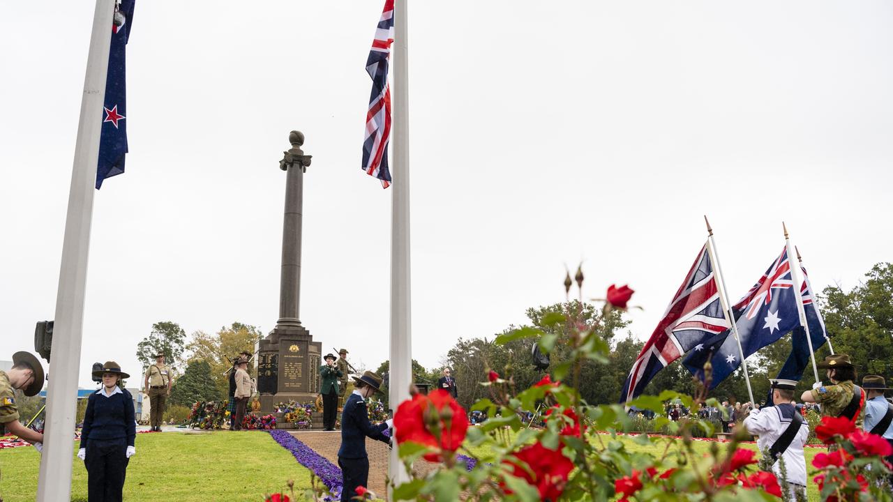 Alan Skerman of the Toowoomba Municipal Band plays Rouse during the Citizens Commemoration Service at the Mothers' Memorial on Anzac Day, Monday, April 25, 2022. Picture: Kevin Farmer