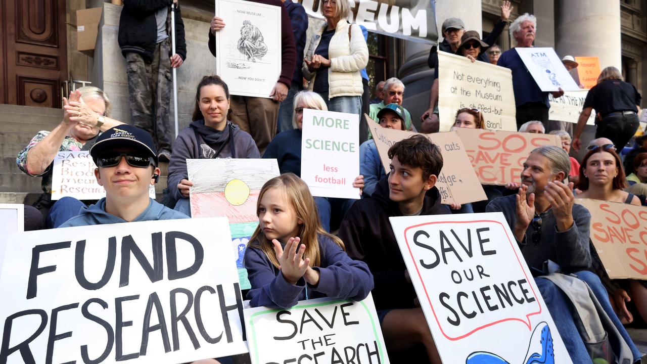 Rally to Save the SA Museum from funding cuts at the Adelaide Parliament House. Picture: Kelly Barnes