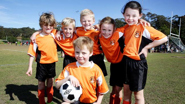 Terrigal United Football Club players Frank McNally, Jeremy Pegler, Max James, Dylan Hankinson, Sophie Homan-Corless and Phoebe McFadden, whose parents are backing calls for improved sideline behaviour at junior sport. Picture: Peter Clark