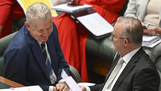 Workplace Relations Minister Tony Burke and Prime Minister Anthony Albanese during Question Time. Picture: NCA NewsWire / Martin Ollman