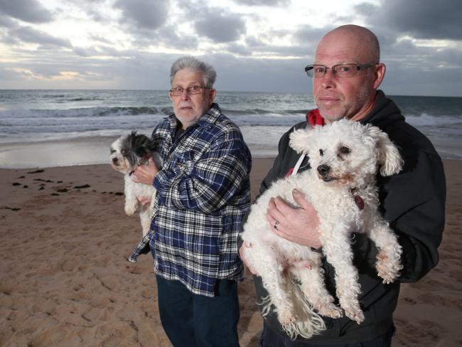 Bill Payne, 80, from Chester from the UK and Robert Payne, 52, of Morphett Vale with their dogs at Christies Beach on Saturday evening. Picture: Stephen Laffer