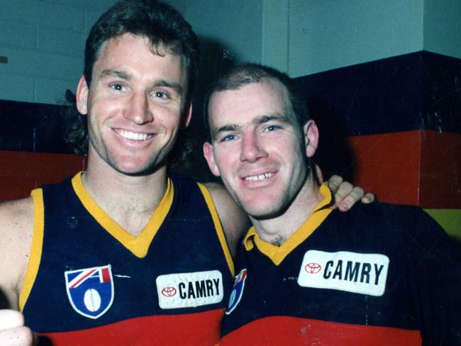 Footballer Scott Hodges (l) with Andrew Jarman wearing Adelaide Crows guernseys. Used 29 Aug 1992.