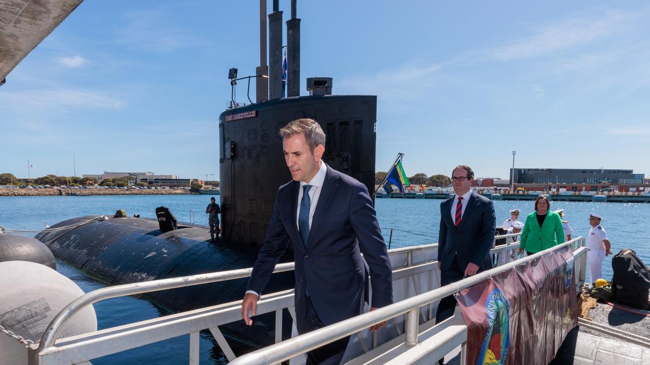 Treasurer Jim Chalmers on-board the USS Asheville, a Los Angeles-class nuclear powered fast attack submarine, at HMAS Stirling naval base on Tuesday. Picture: NCA NewsWire