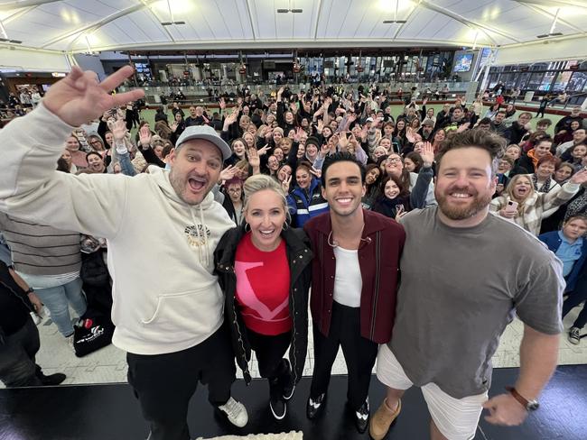 Brendan Fevola, Fifi Box, Stephen Sanchez and Nick Cody in Sunbury for Fox FM's Fifi, Fev and Nick's Brekky in the Burbs in April 2024. Picture: Supplied/Fox FM