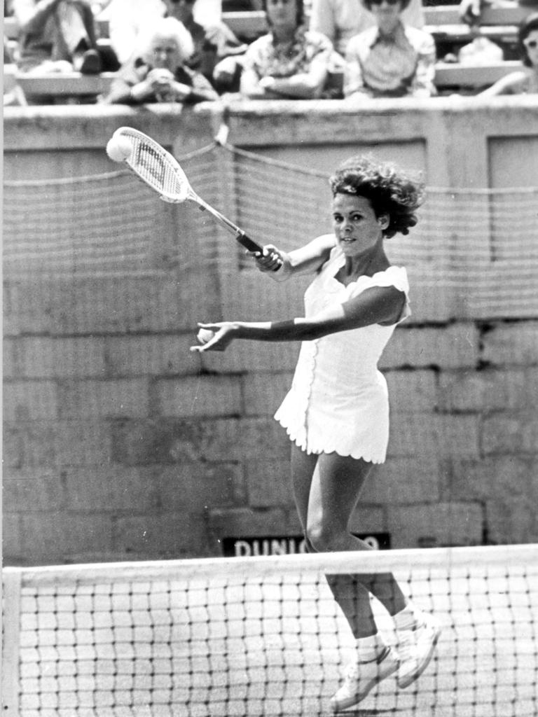 Evonne Cawley (nee Goolagong) playing in the Australian Open at Kooyong.