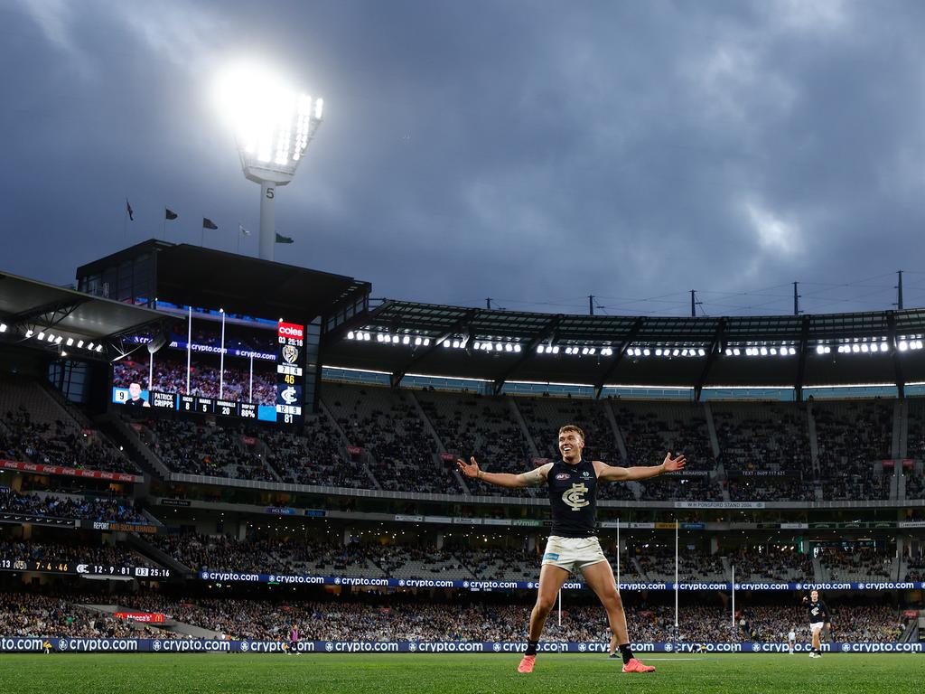 Patrick Cripps of the Blues celebrated a brilliant goal during the 2024 AFL Round 16 match between the Richmond Tigers and the Carlton Blues at the Melbourne Cricket Ground. The moment electrified the crowd as Cripps’ goal helped secure a thrilling victory. Picture: Getty