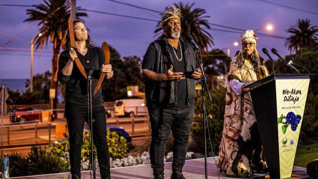 Parbin-ata Dr Carolyn Briggs AM (right) at the 2020 ceremony with Michael Julian and John-Wayne Parsons. Picture supplied by Port Phillip Council