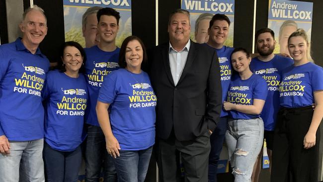 (From left to right) John Carroll, Donna Carroll, Tom Willcox, Raylene Willcox, Andrew Willcox, Jack Willcox, Zoe Robson, Chris Figg and Shannon Willcox gather to celebrate incoming Dawson MP Andrew Willcox's win in Dawson at the Ocean International in Mackay on May 21, 2022. Picture: Duncan Evans