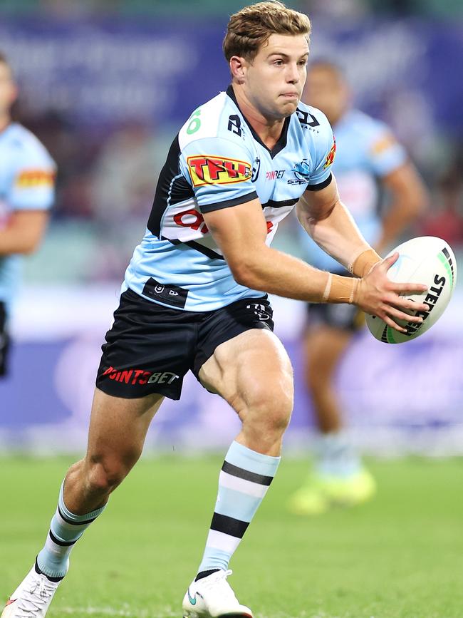 It will be the first time Blayke Brailey, pictured in action for the Sharks this year, will face Jayden in an NRL match. Picture: Mark Kolbe/Getty Images